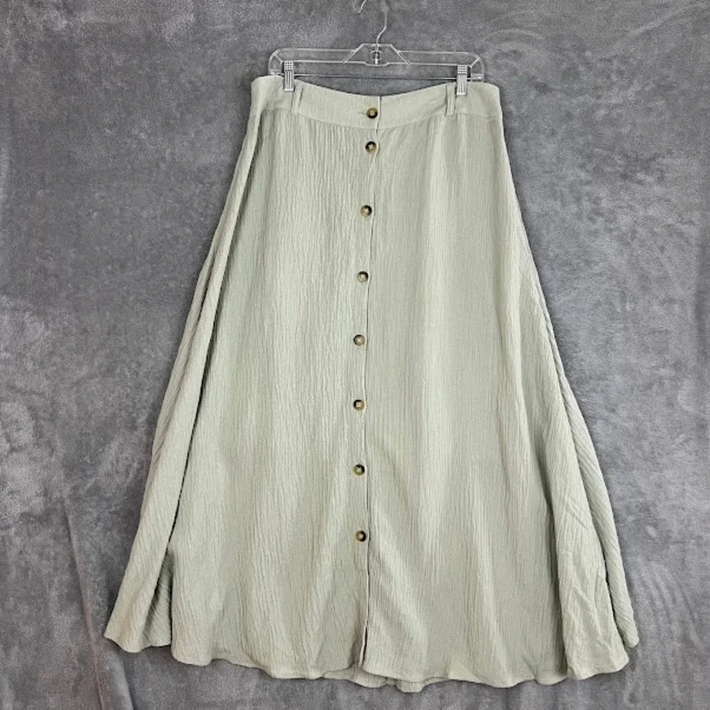 Soft Surroundings Maxi Skirt Womens L Sage Green Full Button Boho Lagenlook